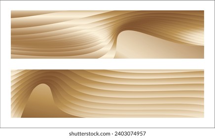 Wavy golden parallel gradient lines, ribbons, silk. Golden with shades of yellow background, banner, poster. Set of 2 backgrounds. Eps vector