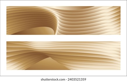 Wavy golden parallel gradient lines, ribbons, silk. Golden with shades of yellow background, banner, poster. Set of 2 backgrounds. Eps vector
