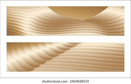 Wavy golden parallel gradient lines, ribbons, silk. Golden with shades of yellow background, banner, poster. Set of 2 backgrounds. Eps vector