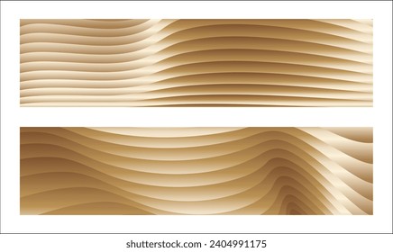 Wavy golden parallel gradient lines, ribbons, silk. Golden with shades of yellow background, banner, poster. Set of 2 backgrounds. Eps vector