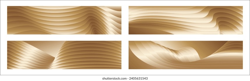 Wavy golden parallel gradient lines, ribbons, silk. Golden with shades of yellow background, banner, poster. Set of 4 backgrounds. Eps vector