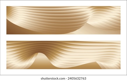 Wavy golden parallel gradient lines, ribbons, silk. Golden with shades of yellow background, banner, poster. Set of 2 backgrounds. Eps vector