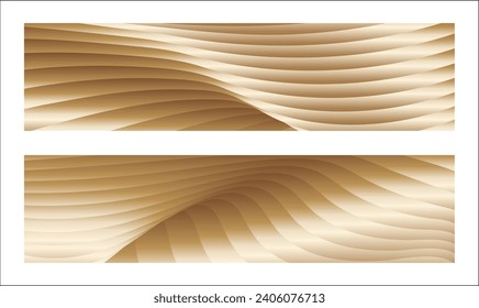 Wavy golden parallel gradient lines, ribbons, silk. Golden with shades of yellow background, banner, poster. Set of 2 backgrounds. Eps vector