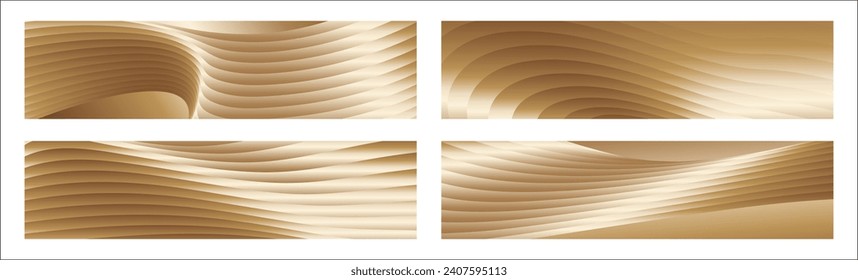 Wavy golden parallel gradient lines, ribbons, silk. Golden with shades of yellow background, banner, poster. Set of 4 backgrounds. Eps vector