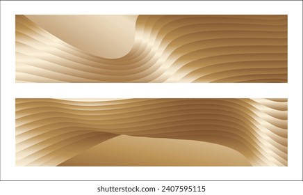 Wavy golden parallel gradient lines, ribbons, silk. Golden with shades of yellow background, banner, poster. Set of 2 backgrounds. Eps vector