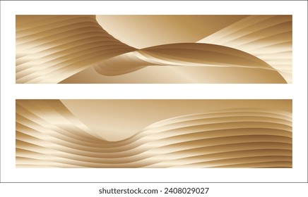 Wavy golden parallel gradient lines, ribbons, silk. Golden with shades of yellow background, banner, poster. Set of 2 backgrounds. Eps vector