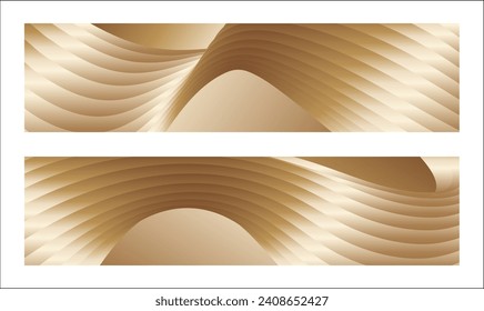 Wavy golden parallel gradient lines, ribbons, silk. Golden with shades of yellow background, banner, poster. Set of 2 backgrounds. Eps vector