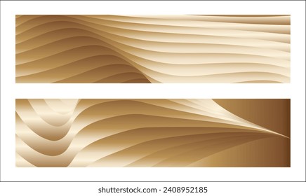 Wavy golden parallel gradient lines, ribbons, silk. Golden with shades of yellow background, banner, poster. Set of 2 backgrounds. Eps vector