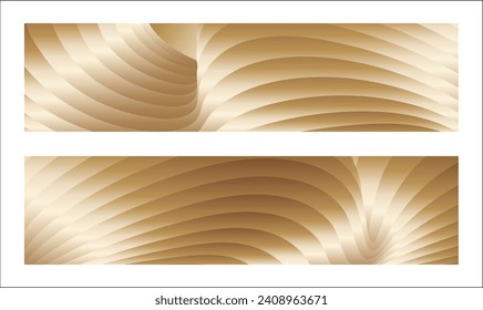 Wavy golden parallel gradient lines, ribbons, silk. Golden with shades of yellow background, banner, poster. Set of 2 backgrounds. Eps vector