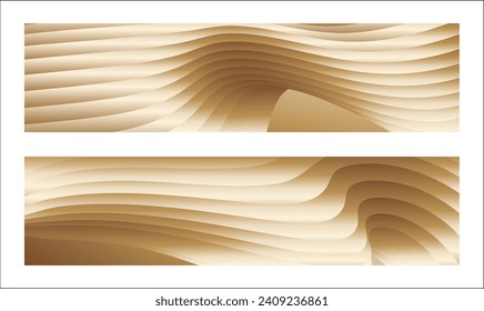 Wavy golden parallel gradient lines, ribbons, silk. Golden with shades of yellow background, banner, poster. Set of 2 backgrounds. Eps vector
