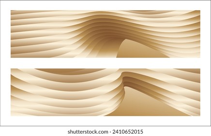 Wavy golden parallel gradient lines, ribbons, silk. Golden with shades of yellow background, banner, poster. Set of 2 backgrounds. Eps vector