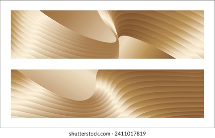 Wavy golden parallel gradient lines, ribbons, silk. Golden with shades of yellow background, banner, poster. Set of 2 backgrounds. Eps vector