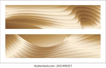 Wavy golden parallel gradient lines, ribbons, silk. Golden with shades of yellow background, banner, poster. Set of 2 backgrounds. Eps vector