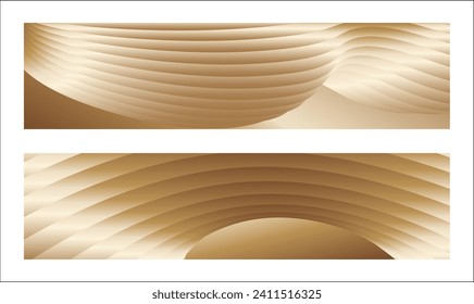 Wavy golden parallel gradient lines, ribbons, silk. Golden with shades of yellow background, banner, poster. Set of 2 backgrounds. Eps vector