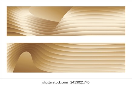 Wavy golden parallel gradient lines, ribbons, silk. Golden with shades of yellow background, banner, poster. Set of 2 backgrounds. Eps vector