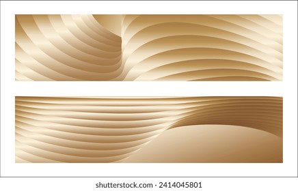 Wavy golden parallel gradient lines, ribbons, silk. Golden with shades of yellow background, banner, poster. Set of 2 backgrounds. Eps vector