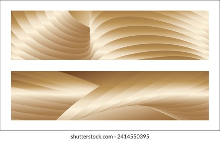 Wavy golden parallel gradient lines, ribbons, silk. Golden with shades of yellow background, banner, poster. Set of 2 backgrounds. Eps vector