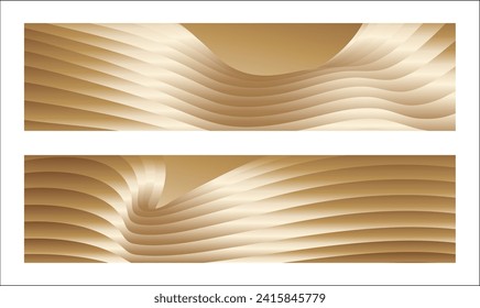 Wavy golden parallel gradient lines, ribbons, silk. Golden with shades of yellow background, banner, poster. Set of 2 backgrounds. Eps vector