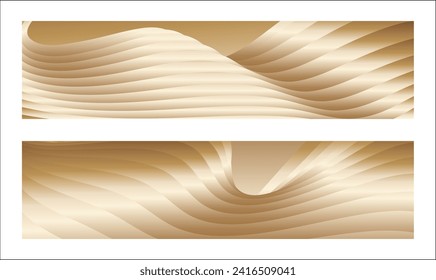 Wavy golden parallel gradient lines, ribbons, silk. Golden with shades of yellow background, banner, poster. Set of 2 backgrounds. Eps vector