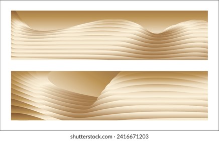 Wavy golden parallel gradient lines, ribbons, silk. Golden with shades of yellow background, banner, poster. Set of 2 backgrounds. Eps vector