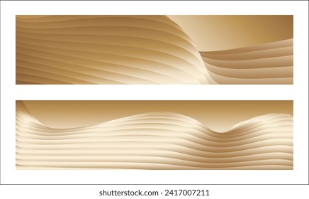 Wavy golden parallel gradient lines, ribbons, silk. Golden with shades of yellow background, banner, poster. Set of 2 backgrounds. Eps vector