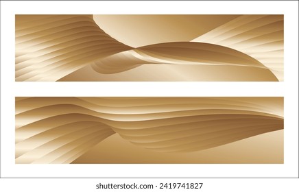 Wavy golden parallel gradient lines, ribbons, silk. Golden with shades of yellow background, banner, poster. Set of 2 backgrounds. Eps vector