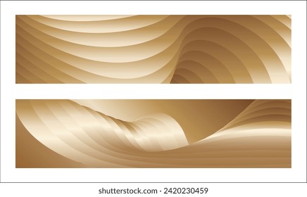 Wavy golden parallel gradient lines, ribbons, silk. Golden with shades of yellow background, banner, poster. Set of 2 backgrounds. Eps vector
