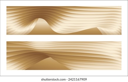 Wavy golden parallel gradient lines, ribbons, silk. Golden with shades of yellow background, banner, poster. Set of 2 backgrounds. Eps vector
