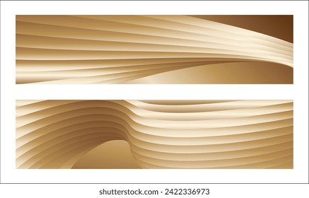 Wavy golden parallel gradient lines, ribbons, silk. Golden with shades of yellow background, banner, poster. Set of 2 backgrounds. Eps vector