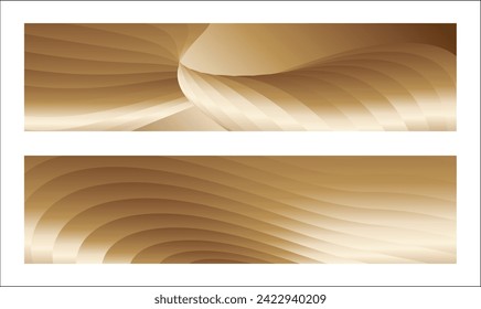 Wavy golden parallel gradient lines, ribbons, silk. Golden with shades of yellow background, banner, poster. Set of 2 backgrounds. Eps vector