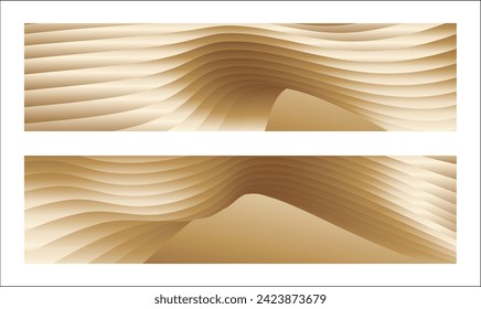 Wavy golden parallel gradient lines, ribbons, silk. Golden with shades of yellow background, banner, poster. Set of 2 backgrounds. Eps vector