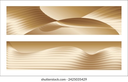 Wavy golden parallel gradient lines, ribbons, silk. Golden with shades of yellow background, banner, poster. Set of 2 backgrounds. Eps vector