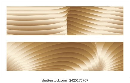 Wavy golden parallel gradient lines, ribbons, silk. Golden with shades of yellow background, banner, poster. Set of 2 backgrounds. Eps vector