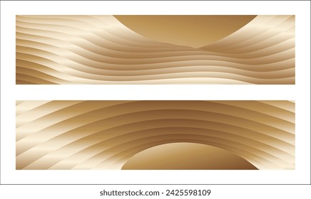 Wavy golden parallel gradient lines, ribbons, silk. Golden with shades of yellow background, banner, poster. Set of 2 backgrounds. Eps vector