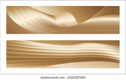 Wavy golden parallel gradient lines, ribbons, silk. Golden with shades of yellow background, banner, poster. Set of 2 backgrounds. Eps vector