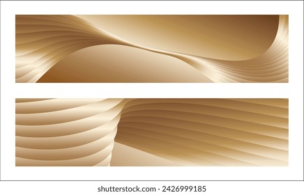 Wavy golden parallel gradient lines, ribbons, silk. Golden with shades of yellow background, banner, poster. Set of 2 backgrounds. Eps vector