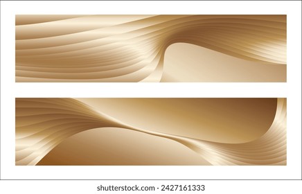 Wavy golden parallel gradient lines, ribbons, silk. Golden with shades of yellow background, banner, poster. Set of 2 backgrounds. Eps vector