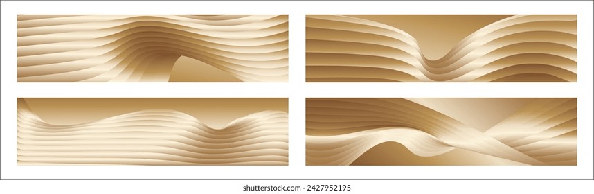 Wavy golden parallel gradient lines, ribbons, silk. Golden with shades of yellow background, banner, poster. Set of 4 backgrounds. Eps vector