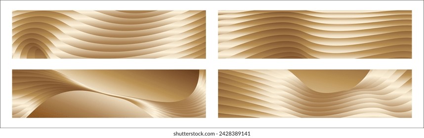 Wavy golden parallel gradient lines, ribbons, silk. Golden with shades of yellow background, banner, poster. Set of 4 backgrounds. Eps vector