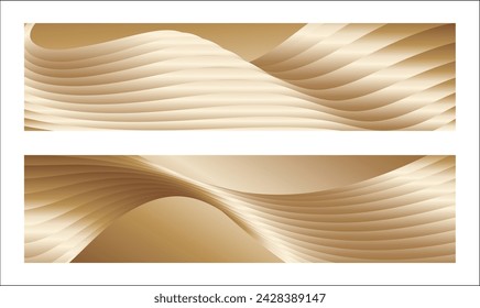 Wavy golden parallel gradient lines, ribbons, silk. Golden banner, poster eps vector. Set of 2 backgrounds