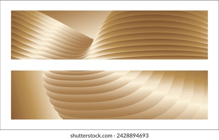 Wavy golden parallel gradient lines, ribbons, silk. Golden with shades of yellow background, banner, poster. Set of 2 backgrounds. Eps vector
