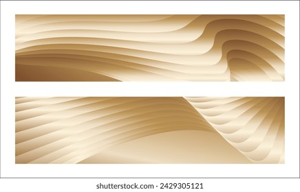 Wavy golden parallel gradient lines, ribbons, silk. Golden with shades of yellow background, banner, poster. Set of 2 backgrounds. Eps vector