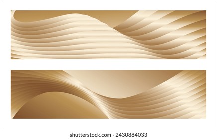 Wavy golden parallel gradient lines, ribbons, silk. Golden with shades of yellow background, banner, poster. Set of 2 backgrounds. Eps vector