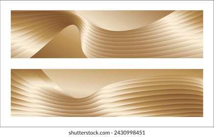 Wavy golden parallel gradient lines, ribbons, silk. Golden with shades of yellow background, banner, poster. Set of 2 backgrounds. Eps vector