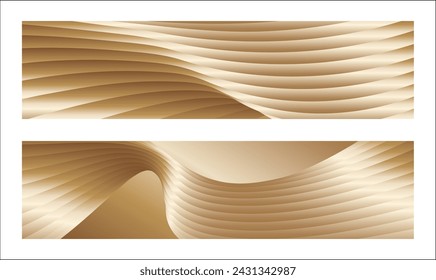 Wavy golden parallel gradient lines, ribbons, silk. Golden with shades of yellow background, banner, poster. Set of 2 backgrounds. Eps vector