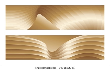 Wavy golden parallel gradient lines, ribbons, silk. Golden with shades of yellow background, banner, poster. Set of 2 backgrounds. Eps vector