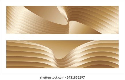 Wavy golden parallel gradient lines, ribbons, silk. Golden with shades of yellow background, banner, poster. Set of 2 backgrounds. Eps vector