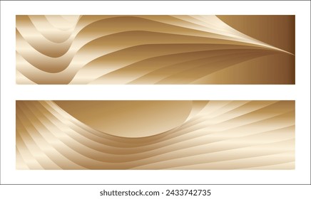 Wavy golden parallel gradient lines, ribbons, silk. Golden with shades of yellow background, banner, poster. Set of 2 backgrounds. Eps vector