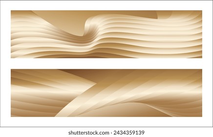 Wavy golden parallel gradient lines, ribbons, silk. Golden with shades of yellow background, banner, poster. Set of 2 backgrounds. Eps vector