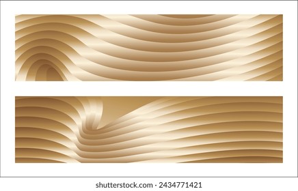 Wavy golden parallel gradient lines, ribbons, silk. Golden with shades of yellow background, banner, poster. Set of 2 backgrounds. Eps vector